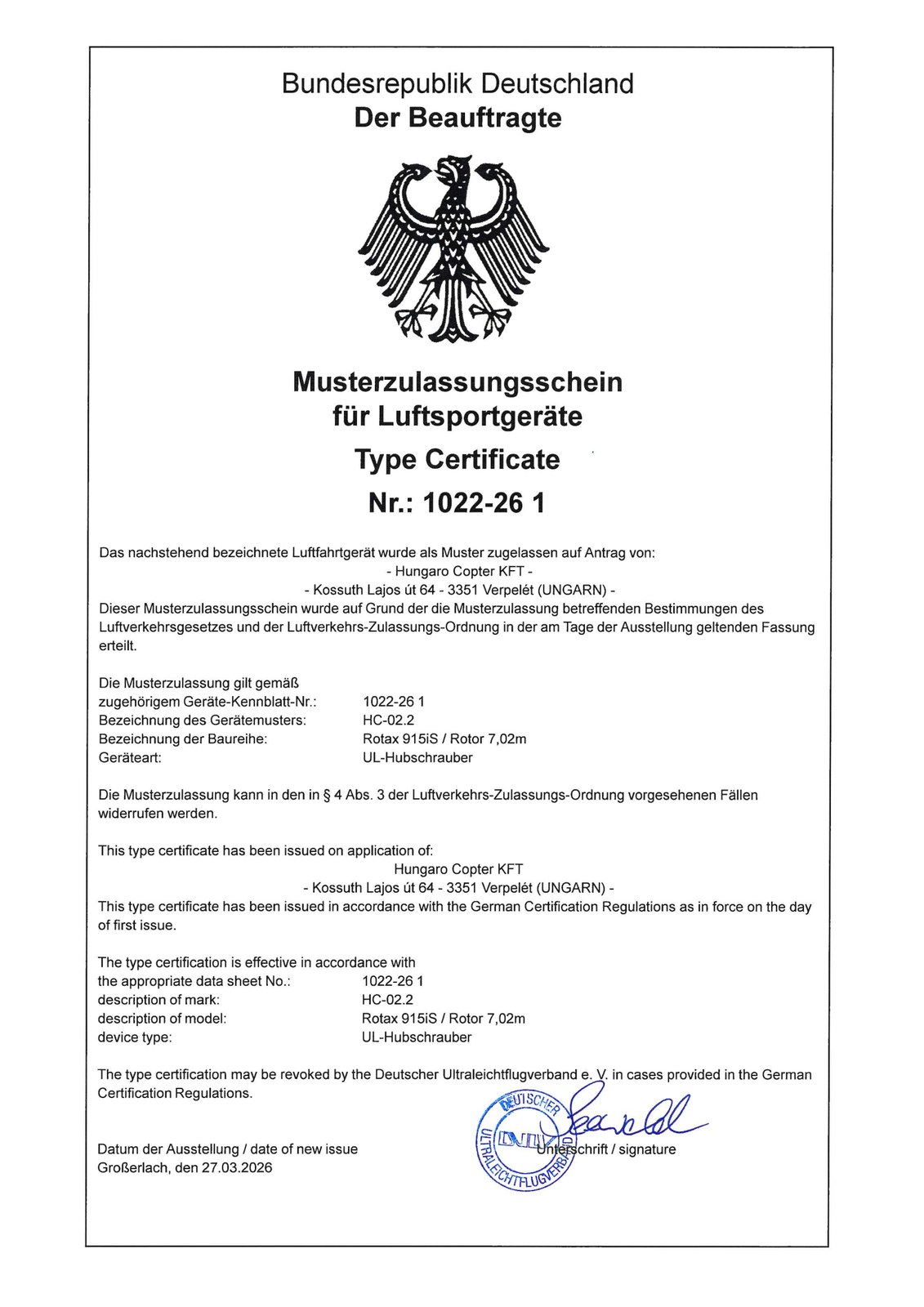 Vorschau des DULV Gerätekennblatts für den HC-02.2