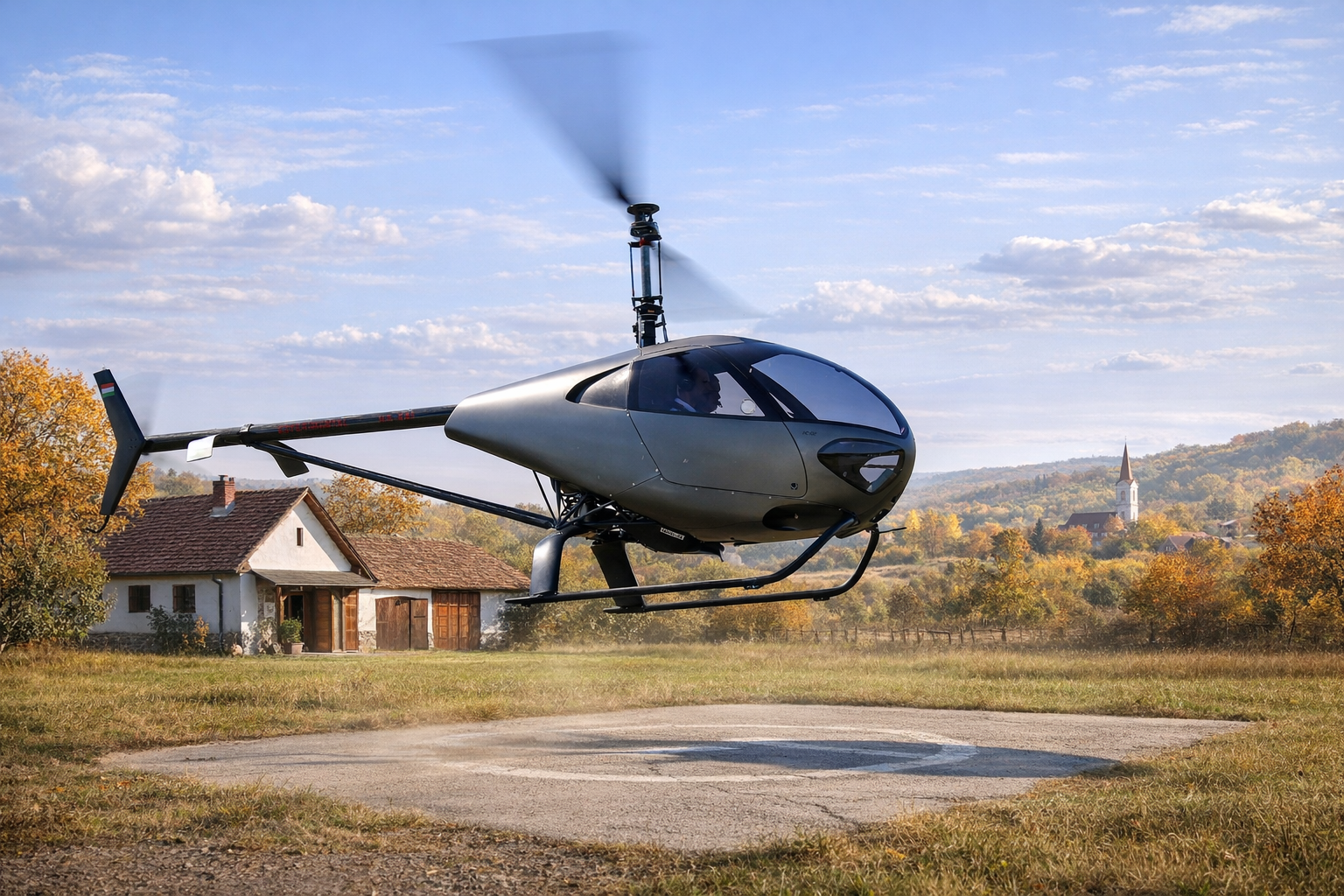 HC-02 im Flug über ländlicher Landschaft